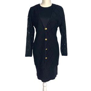 Vintage 90s Black Crochet Cardigan Long Sleeve Button Up Mini Dress Medium